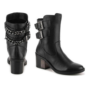 Fergie Wistful Black Leather Moto Bootie Chains
